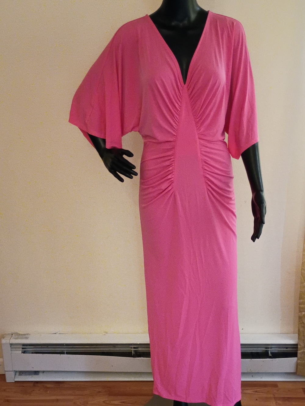 VENUS Hot Pink Ruched V-Neck Maxi Dress